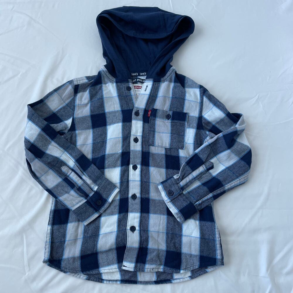 Levis Boys Flannel Shacket Hoodie Size 6-7  Blue Plaid